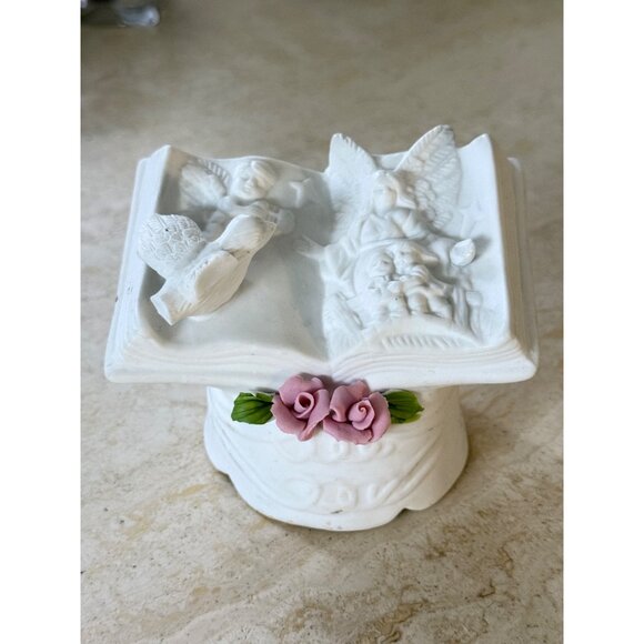 Porcelain Angel Book Figurine On Stand With Rose Accents - Picture 4 of 4